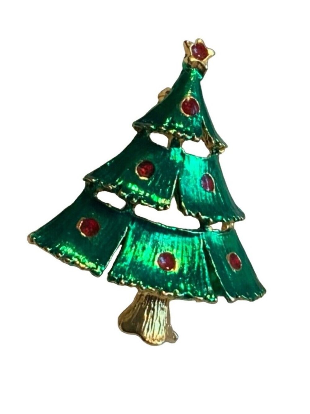 Christmas Tree Pin with Red  Rhinestones Tree Decorations gold tone